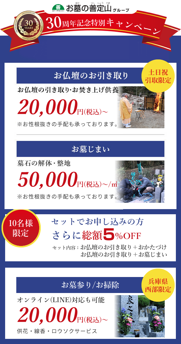 今だけキャンペーン実施中！！お仏壇のお引き取りお仏壇の引き取り・お焚き上げ供養50,000円(税込)～20,000円(税込)～※お性根抜きの手配も承っております。お墓じまい墓石の解体・整地100,000円(税込)～80,000円(税込)～※お性根抜きの手配も承っております。